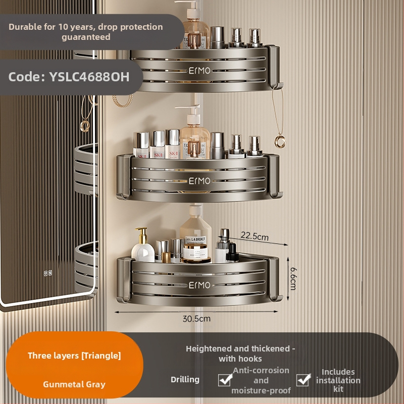Vonios kambario kampinis sieninis laikiklis, aliuminio lydinys, 30 kg apkrova, montavimas be gręžimo