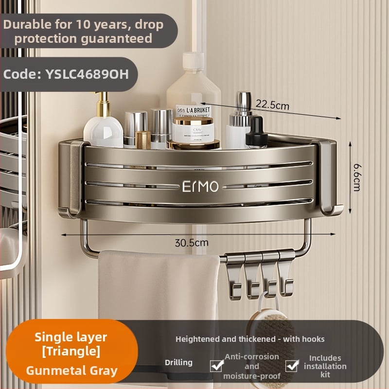 Vonios kambario kampinis sieninis laikiklis, aliuminio lydinys, 30 kg apkrova, montavimas be gręžimo