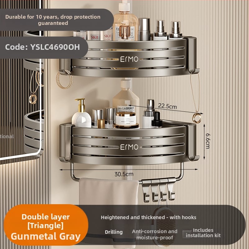 Vonios kambario kampinis sieninis laikiklis, aliuminio lydinys, 30 kg apkrova, montavimas be gręžimo