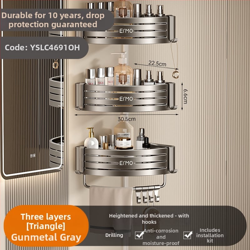 Vonios kambario kampinis sieninis laikiklis, aliuminio lydinys, 30 kg apkrova, montavimas be gręžimo