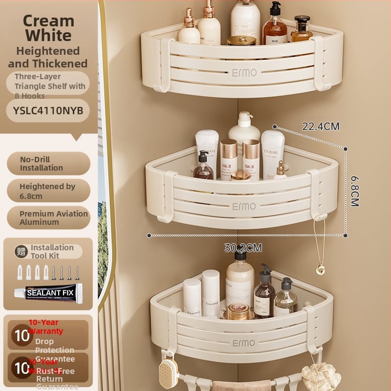 Vonios kambario kampinis sieninis laikiklis, aliuminio lydinys, 30 kg apkrova, montavimas be gręžimo