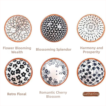 Porcelán tál aláglazúros mintával, modern minimalist design, kerek forma, mikrohullámú sütőben használható, desszert és rizs számára, ajándékba adható.