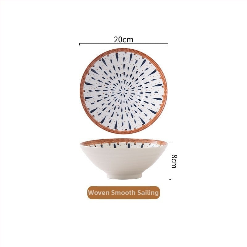 Porcelán tál aláglazúros mintával, modern minimalist design, kerek forma, mikrohullámú sütőben használható, desszert és rizs számára, ajándékba adható.