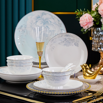 Csontporcelán rizses tálak készlet, virágos mintával, kerek formájú, mikrohullámú sütőben használható, glazúrozott felület