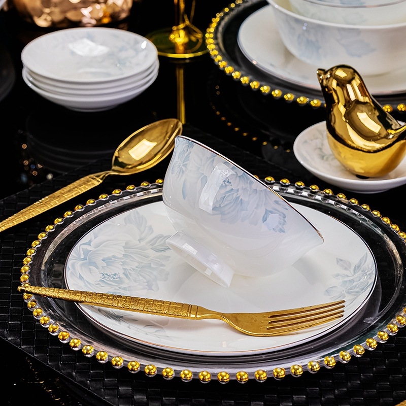 Csontporcelán rizses tálak készlet, virágos mintával, kerek formájú, mikrohullámú sütőben használható, glazúrozott felület