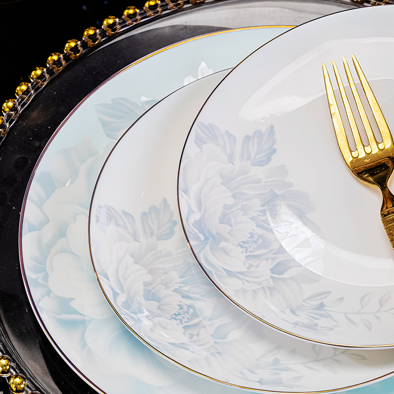 Csontporcelán rizses tálak készlet, virágos mintával, kerek formájú, mikrohullámú sütőben használható, glazúrozott felület