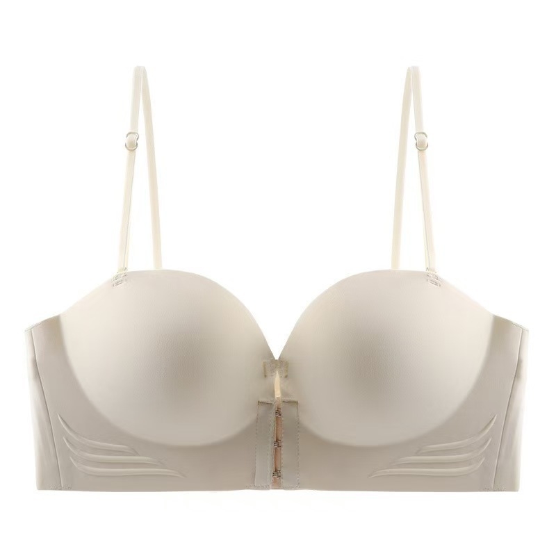 Be pavadų push-up liemenėlė su priekyje užsegimu, nematoma po drabužiais, nailoninė išorė, formuoti puodeliai iš medvilnės