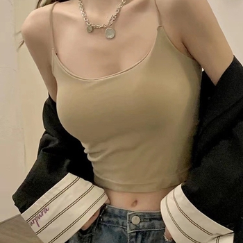 Нейлон камизол с подплънки за бюст, тънки чашки, пълен чашков дизайн, дизайн за гръб, къс летен топ, коремна дължина, минималистичен стил