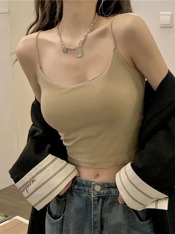 Нейлон камизол с подплънки за бюст, тънки чашки, пълен чашков дизайн, дизайн за гръб, къс летен топ, коремна дължина, минималистичен стил