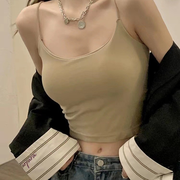 Нейлон камизол с подплънки за бюст, тънки чашки, пълен чашков дизайн, дизайн за гръб, къс летен топ, коремна дължина, минималистичен стил