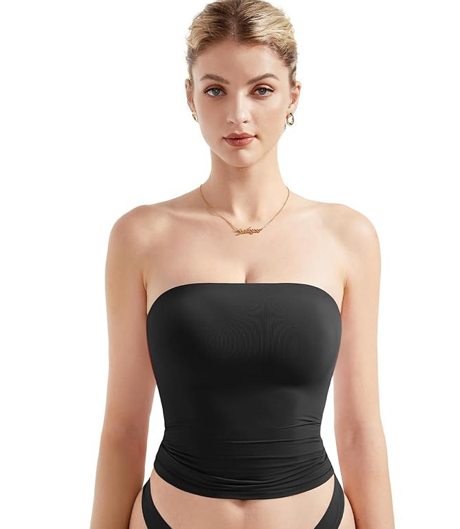 Tube Top, szűk fazon, rövid kivitel, Milk Silk anyag, 95% poliészter és Spandex, vállpánt nélkül, elasztikus