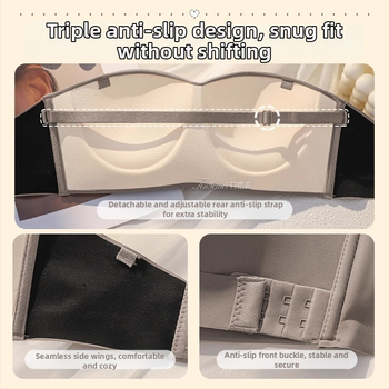 Сутиен без презрамки с повдигане, против изплъзване; чашка 1/2; основен материал нейлон, подплата спандекс; свалящи се двойни презрамки; задно закопчаване с три реда копчета