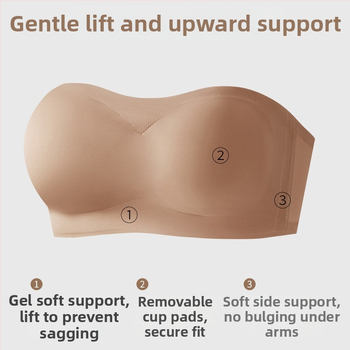 Сутиен без презрамки с повдигане, антихлъзгаща се лента и безшевна задна част, дишащ найлон-ликра, подплата 70–80% еластан