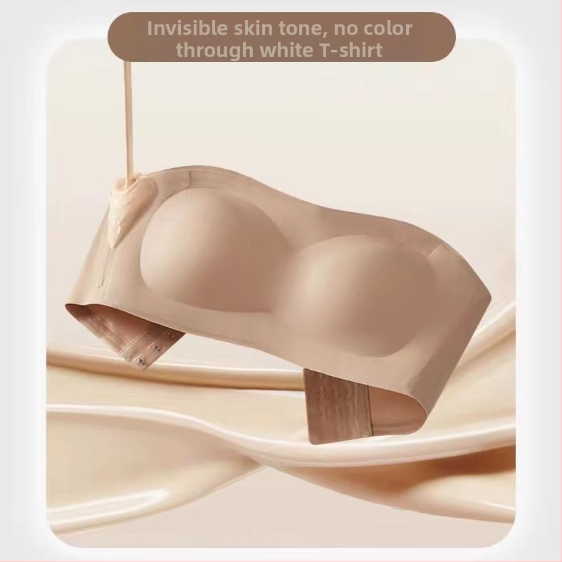 Сутиен без презрамки с повдигане, антихлъзгаща се лента и безшевна задна част, дишащ найлон-ликра, подплата 70–80% еластан