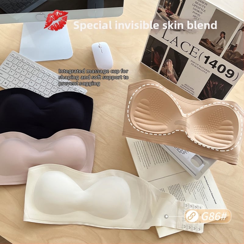 Сутиен без презрамки с повдигане, антихлъзгаща се лента и безшевна задна част, дишащ найлон-ликра, подплата 70–80% еластан