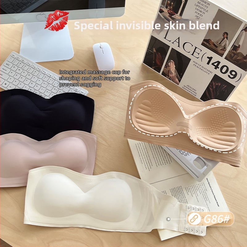 Сутиен без презрамки с повдигане, антихлъзгаща се лента и безшевна задна част, дишащ найлон-ликра, подплата 70–80% еластан