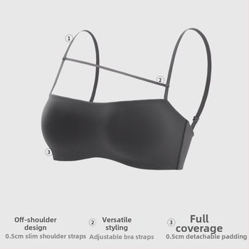 Tube-top бюстгъртър с тънки чашки, найлонова материя, фиксирани двойни презрамки, задно закопчаване с три реда куки, събиране и опора