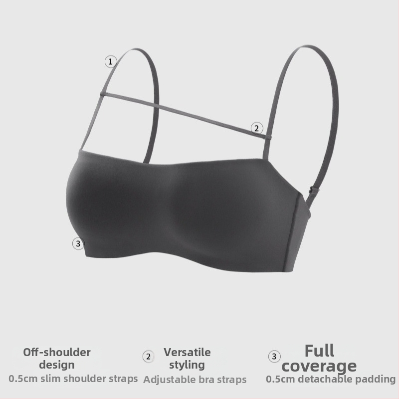 Tube-top бюстгъртър с тънки чашки, найлонова материя, фиксирани двойни презрамки, задно закопчаване с три реда куки, събиране и опора