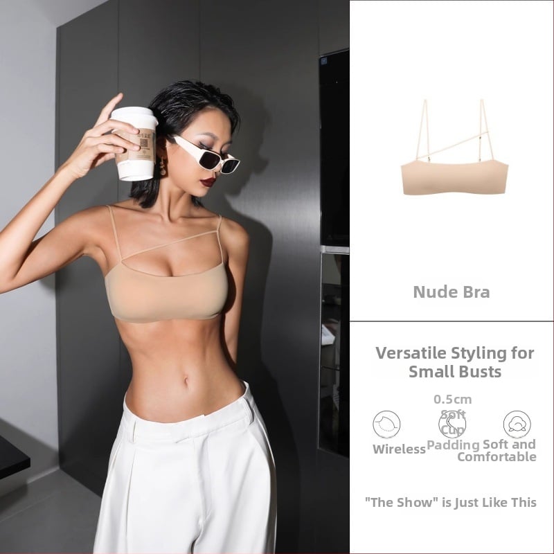 Tube-top бюстгъртър с тънки чашки, найлонова материя, фиксирани двойни презрамки, задно закопчаване с три реда куки, събиране и опора