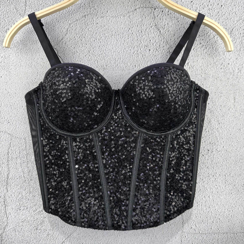 Top tubular cu paiete în stil sling pentru femei, bumbac 90–95% cu poliester sub 30%, microelastic, vară 2024