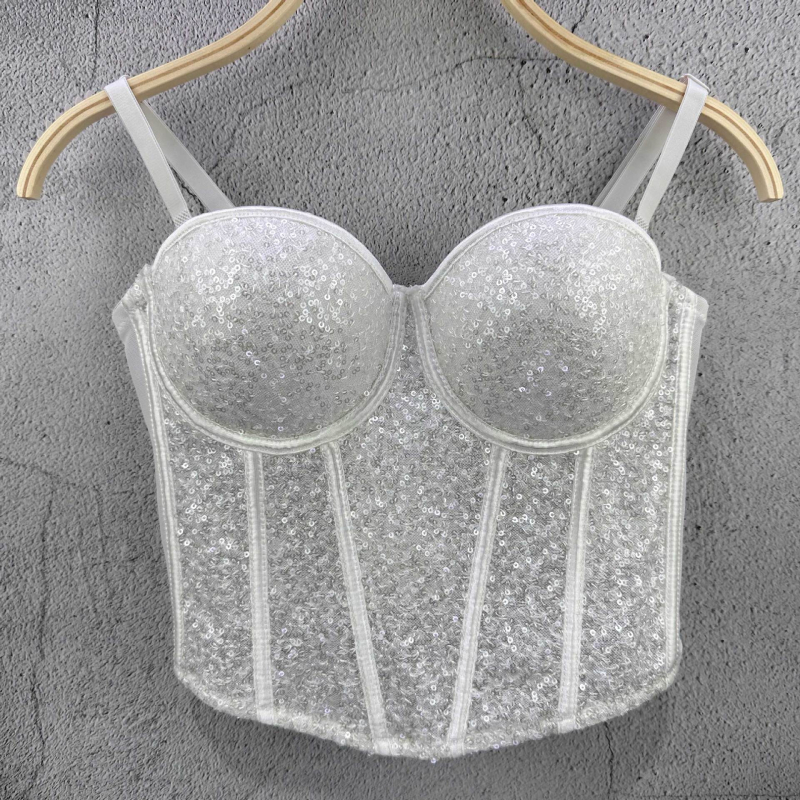 Top tubular cu paiete în stil sling pentru femei, bumbac 90–95% cu poliester sub 30%, microelastic, vară 2024