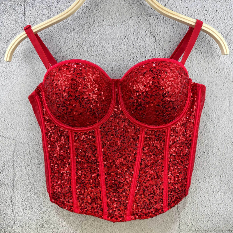 Top tubular cu paiete în stil sling pentru femei, bumbac 90–95% cu poliester sub 30%, microelastic, vară 2024