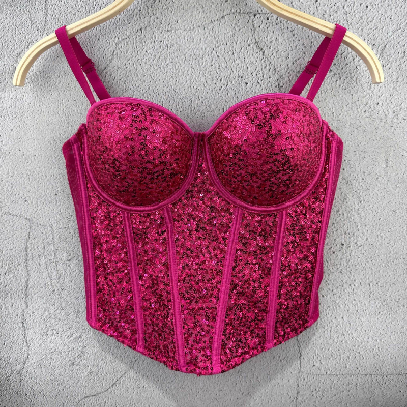 Top tubular cu paiete în stil sling pentru femei, bumbac 90–95% cu poliester sub 30%, microelastic, vară 2024