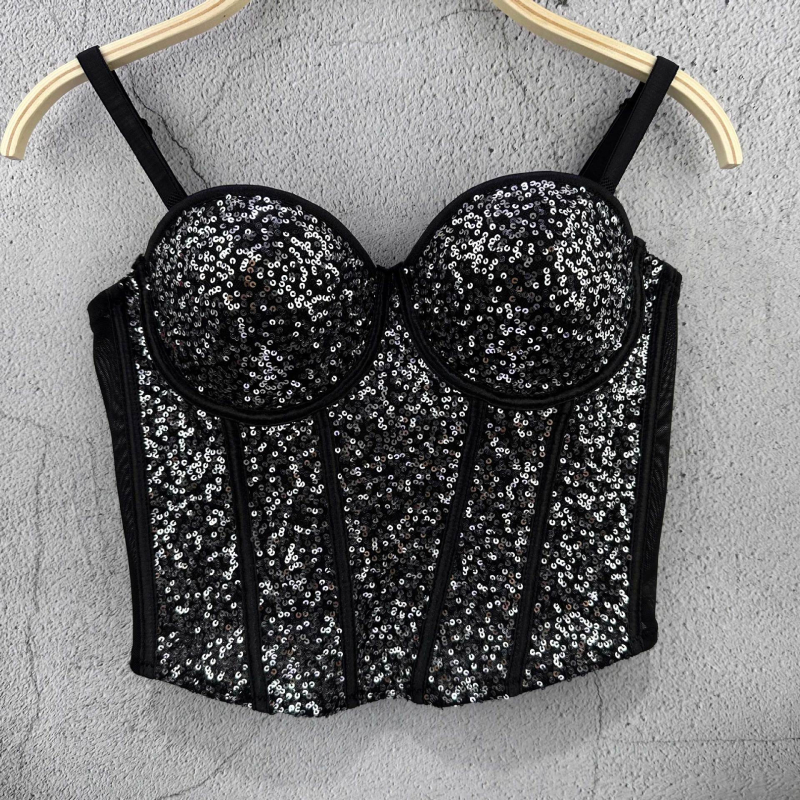 Top tubular cu paiete în stil sling pentru femei, bumbac 90–95% cu poliester sub 30%, microelastic, vară 2024