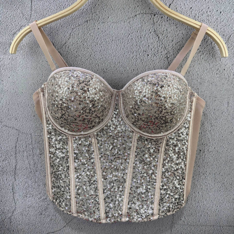 Top tubular cu paiete în stil sling pentru femei, bumbac 90–95% cu poliester sub 30%, microelastic, vară 2024