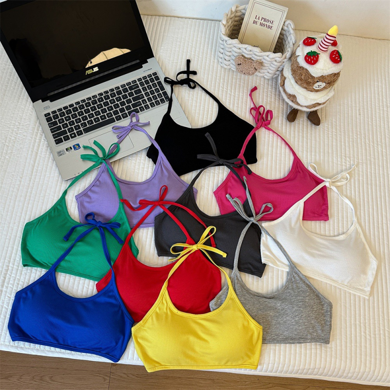 Top din bumbac fără bretele, 70-80% bumbac, stil gât suspendat, cupe subțiri modelate, spate respirabil, vară 2024