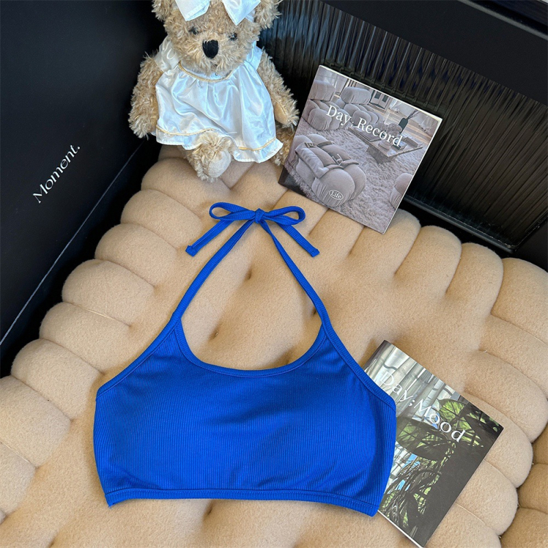 Top din bumbac fără bretele, 70-80% bumbac, stil gât suspendat, cupe subțiri modelate, spate respirabil, vară 2024