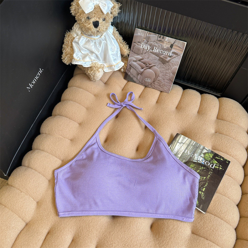 Top din bumbac fără bretele, 70-80% bumbac, stil gât suspendat, cupe subțiri modelate, spate respirabil, vară 2024