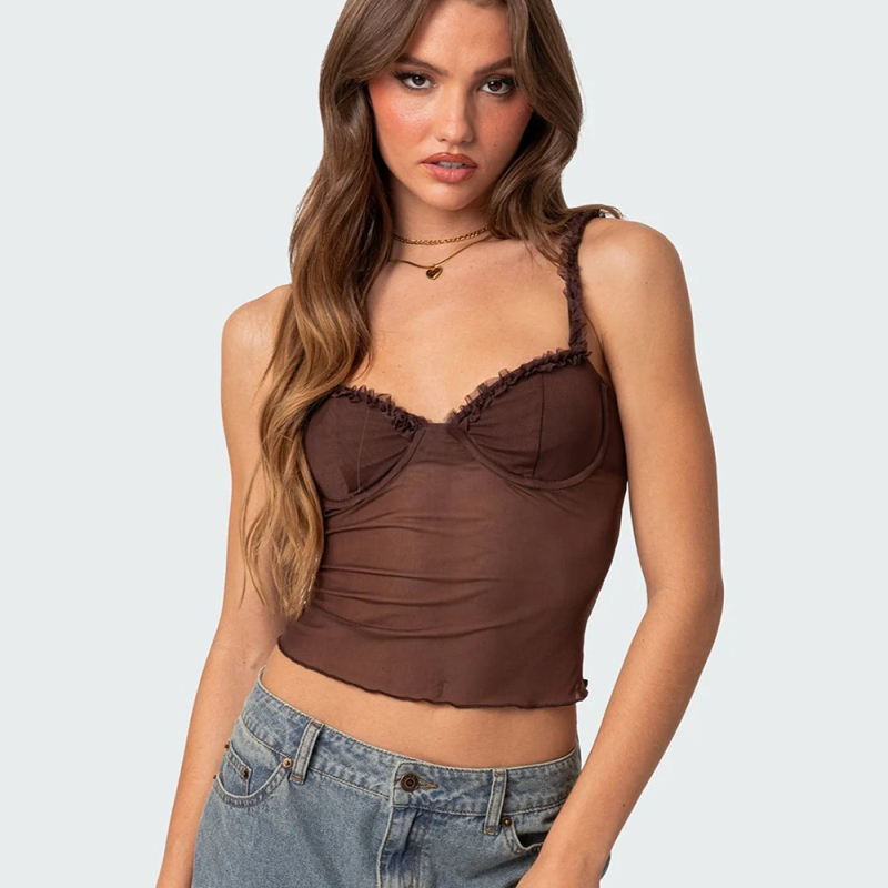 Top leopard din plasă dantelată, cu inel metalic pentru modelarea corpului, fără spate, transparent