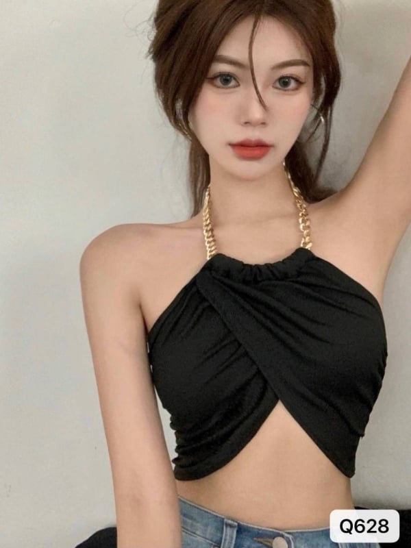 Halter crop top, kratak, viskoza, 3D uzorak, otvorena leđa