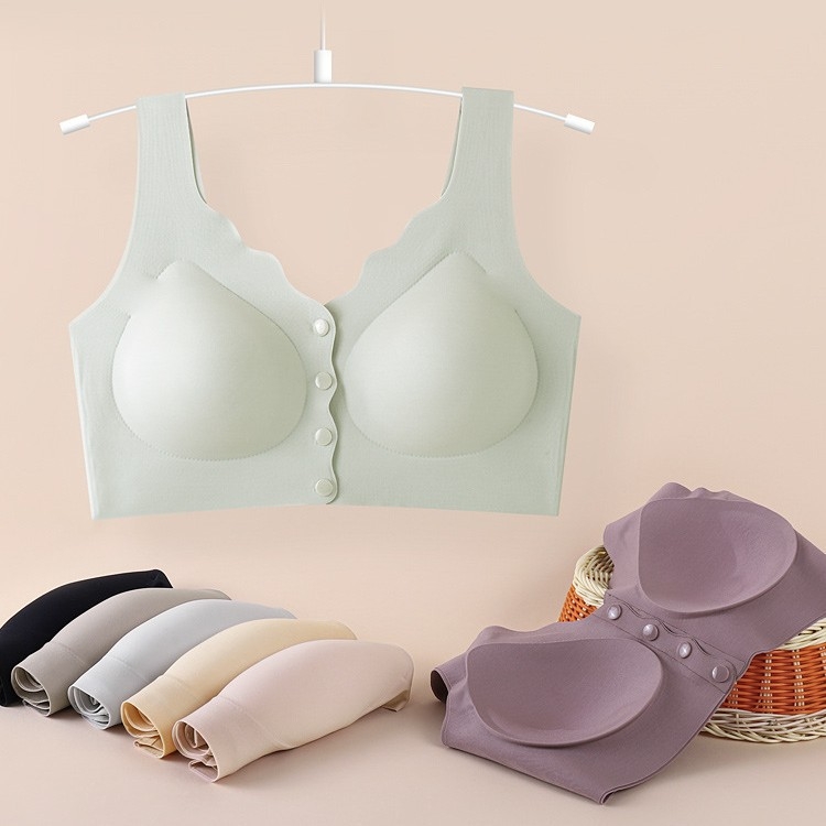 Podprsenka s predným zapínaním, bezšvový zadný diel, plné košíčky, stredný tvar košíčkov, vonkajší materiál nylon, podšívka zo spandexu, pevné dvojité ramienka