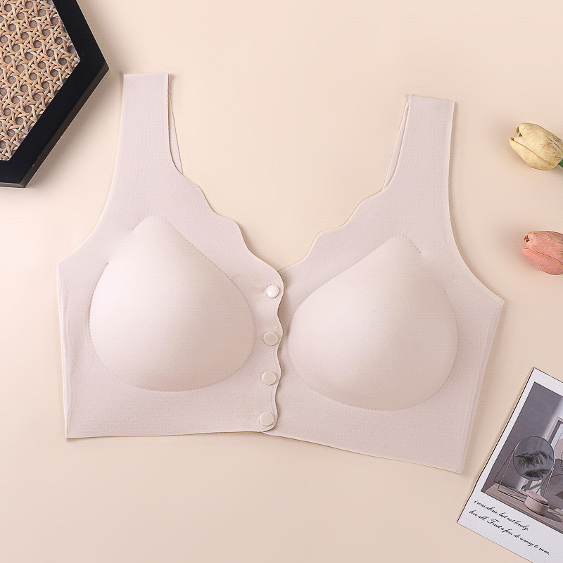 Podprsenka s predným zapínaním, bezšvový zadný diel, plné košíčky, stredný tvar košíčkov, vonkajší materiál nylon, podšívka zo spandexu, pevné dvojité ramienka