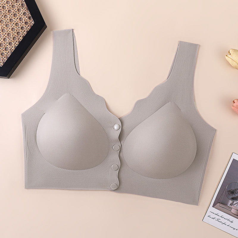 Podprsenka s predným zapínaním, bezšvový zadný diel, plné košíčky, stredný tvar košíčkov, vonkajší materiál nylon, podšívka zo spandexu, pevné dvojité ramienka