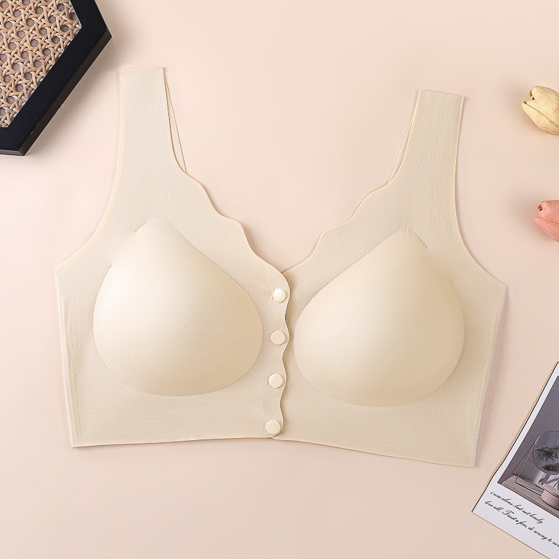 Podprsenka s predným zapínaním, bezšvový zadný diel, plné košíčky, stredný tvar košíčkov, vonkajší materiál nylon, podšívka zo spandexu, pevné dvojité ramienka