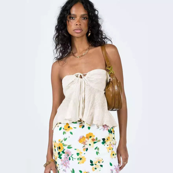 Дамски къс топ с открити рамене, едноцветен полиестер, къс модел, без презрамки