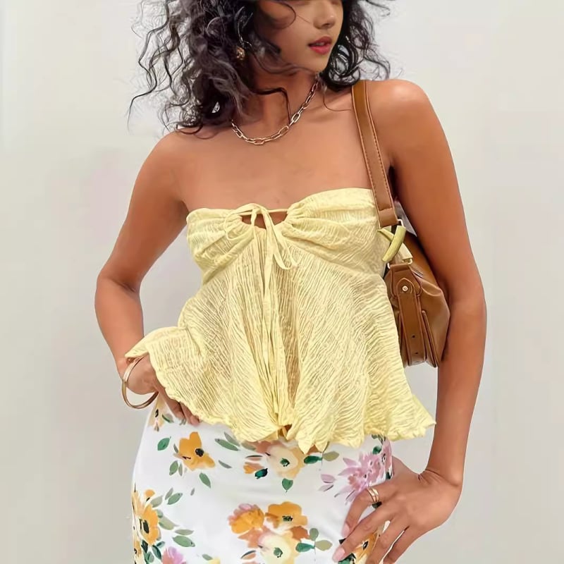 Дамски къс топ с открити рамене, едноцветен полиестер, къс модел, без презрамки