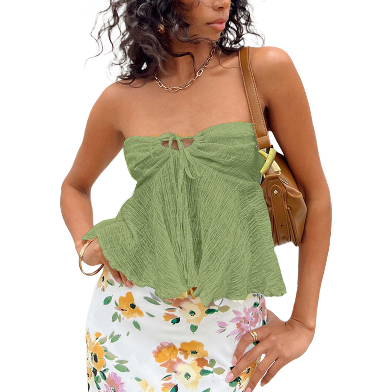 Дамски къс топ с открити рамене, едноцветен полиестер, къс модел, без презрамки