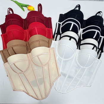 Žuvies kaulo Korsetas su tinkleliu – kvėpuojantis, keliamasis, 1/2 taurė, ploni formuojami tauriai, kempinės užpildas, nuimamieji petnešėlės