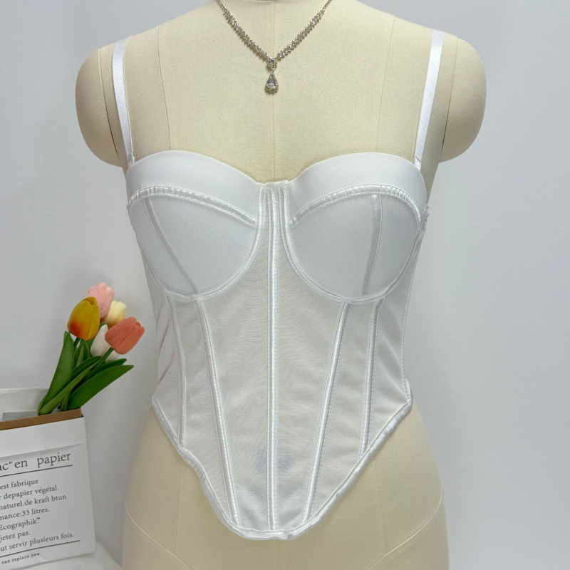 Žuvies kaulo Korsetas su tinkleliu – kvėpuojantis, keliamasis, 1/2 taurė, ploni formuojami tauriai, kempinės užpildas, nuimamieji petnešėlės