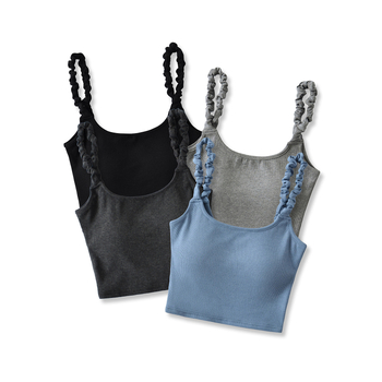 Štíhly krátky camisole top bez chrbta s vloženými vankúšikmi na prsia, bavlna-elastán zmes (70–80% bavlna, <30% elastán), dvojité ramienka, mikroelastický, jednofarebný