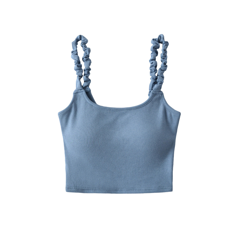 Štíhly krátky camisole top bez chrbta s vloženými vankúšikmi na prsia, bavlna-elastán zmes (70–80% bavlna, <30% elastán), dvojité ramienka, mikroelastický, jednofarebný