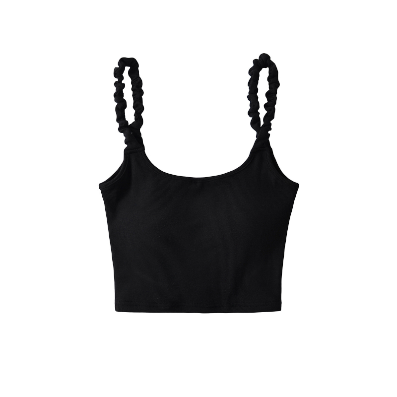 Štíhly krátky camisole top bez chrbta s vloženými vankúšikmi na prsia, bavlna-elastán zmes (70–80% bavlna, <30% elastán), dvojité ramienka, mikroelastický, jednofarebný