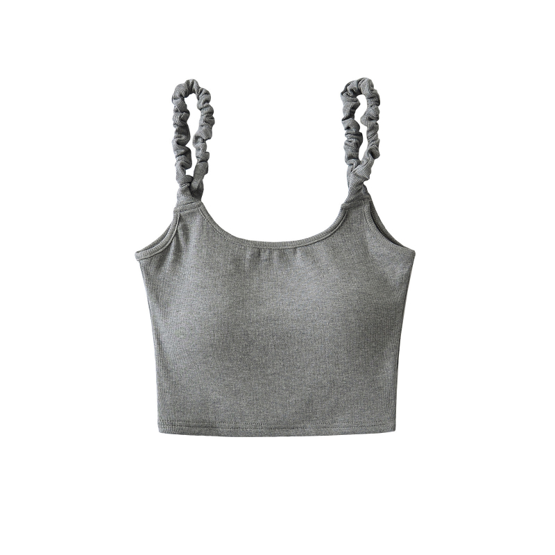 Štíhly krátky camisole top bez chrbta s vloženými vankúšikmi na prsia, bavlna-elastán zmes (70–80% bavlna, <30% elastán), dvojité ramienka, mikroelastický, jednofarebný