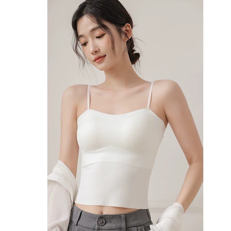 Bijela cami-top od ice silk s jastučićima za grudi, kratki ljetni top, unutarnji sloj