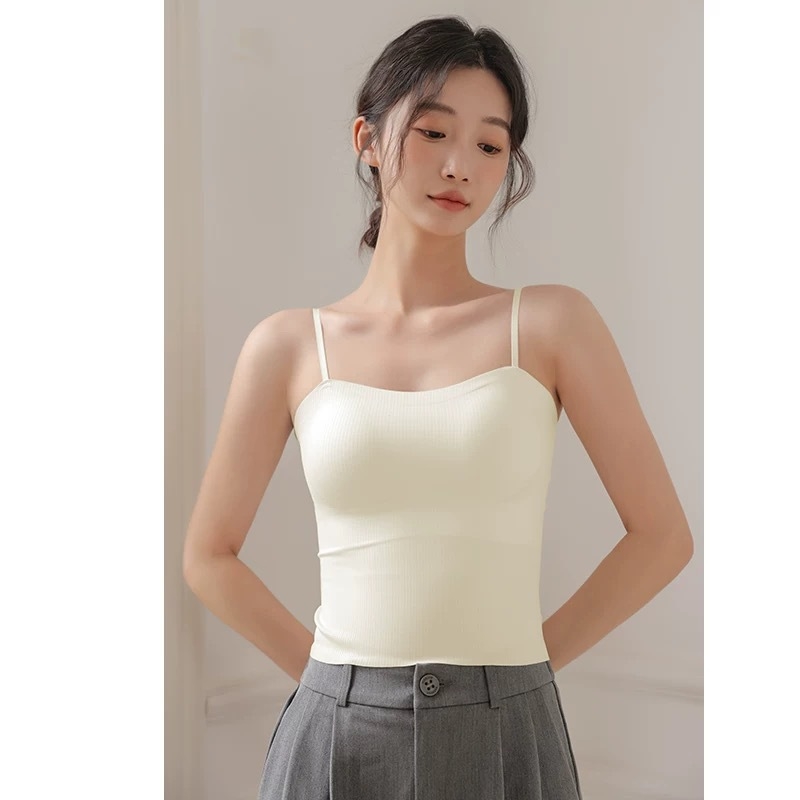 Bijela cami-top od ice silk s jastučićima za grudi, kratki ljetni top, unutarnji sloj