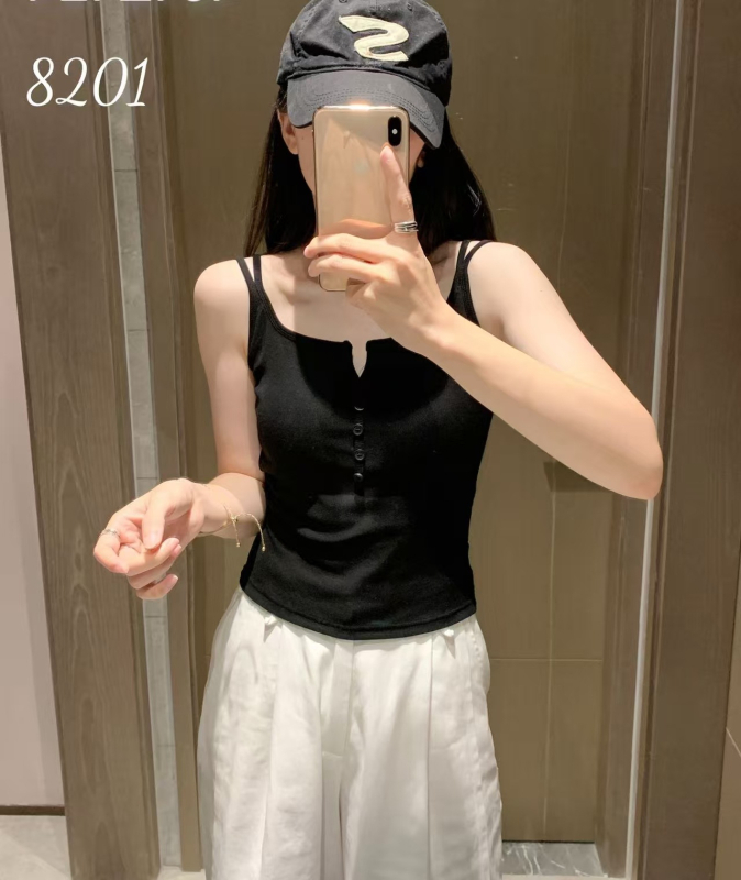Rayon camisole top – brusirana tkanina, uski kroj, gumb dizajn, dvostruke naramenice, duljina do pasa, jesen-zima 2025